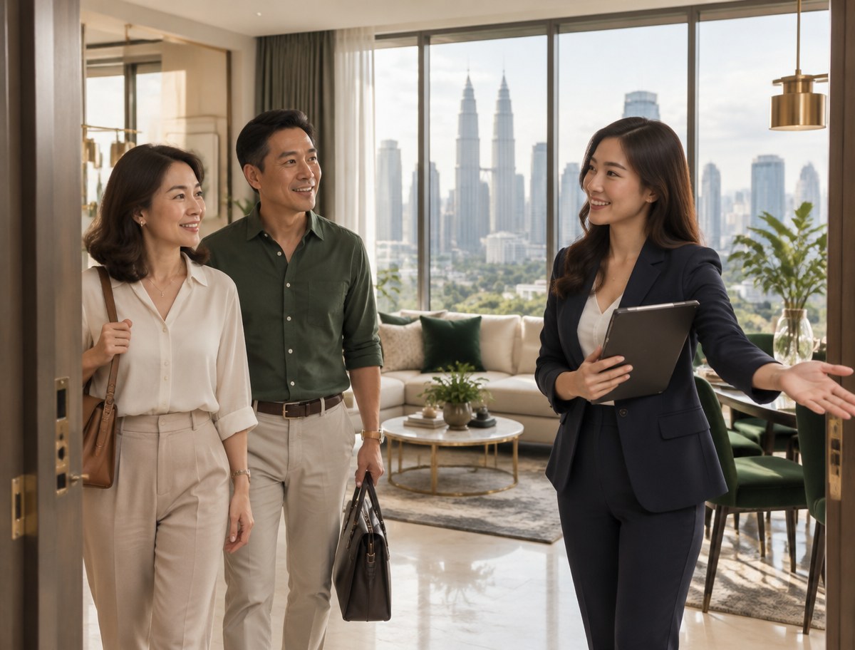 Malaysian Chinese property advisor welcoming a client couple into a Kuala Lumpur condominium viewing